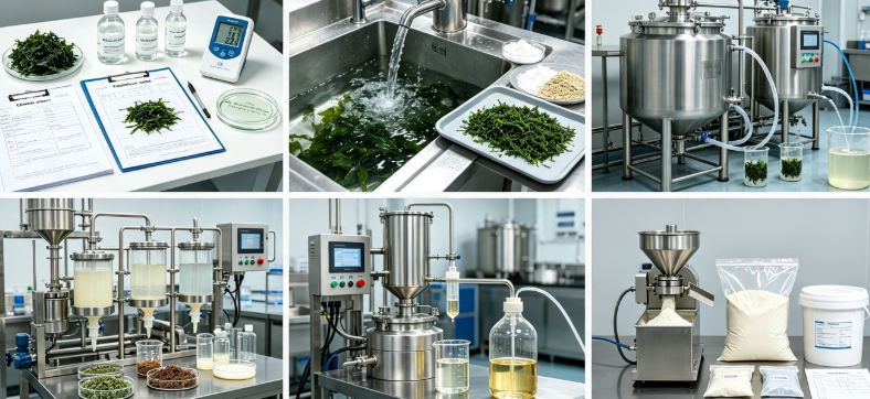 Aqueous extraction and spray drying process flowchart for irish sea moss extract production